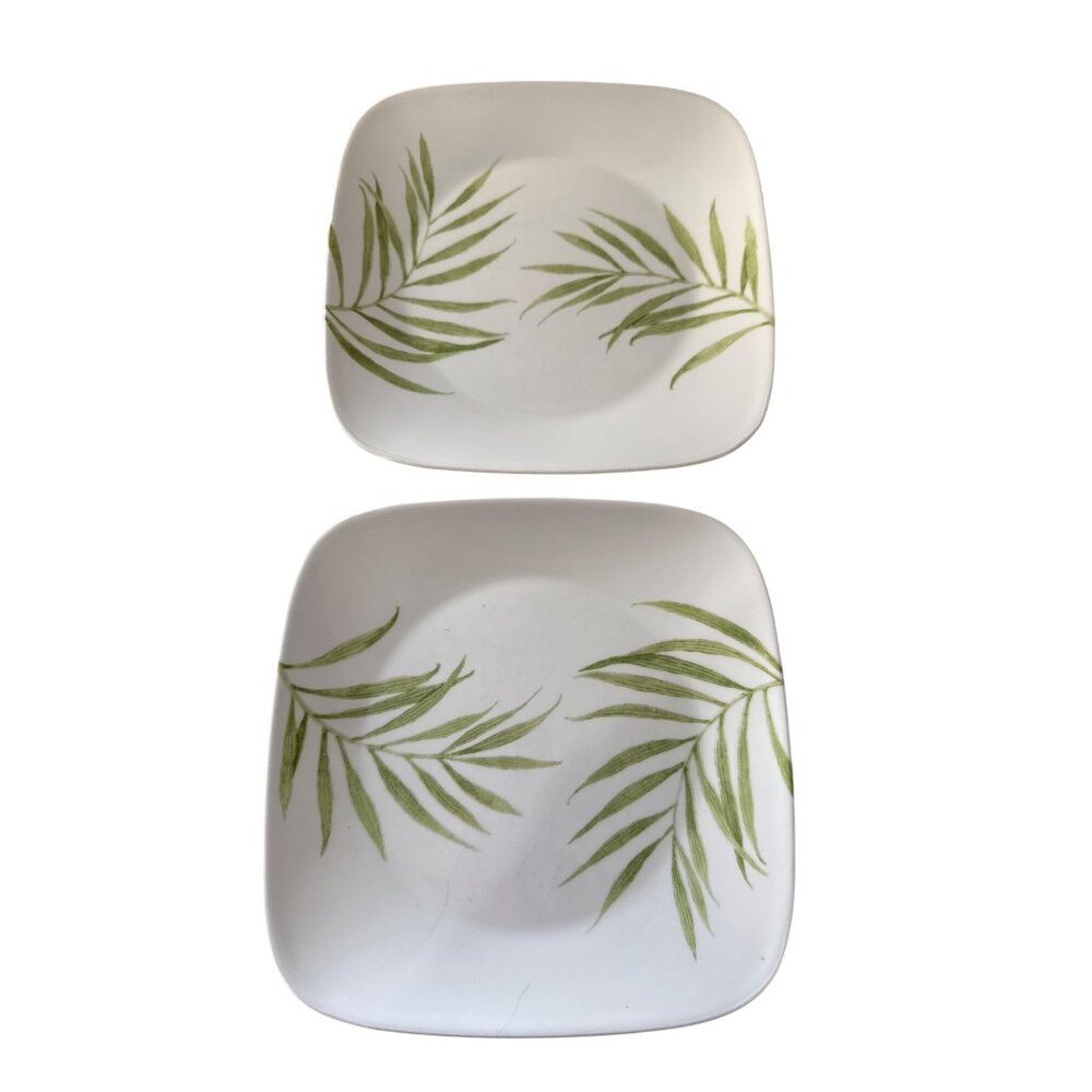 Corelle Vitrelle Set of 2 Bamboo Leaf Pattern  10.25”  Square Dinner Plates